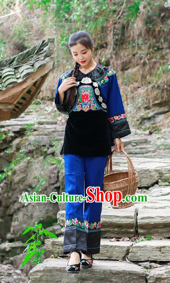 Chinese Xiangxi Hmong Ethnic Folk Dance Blue Outfits Miao Nationality Informal Clothing