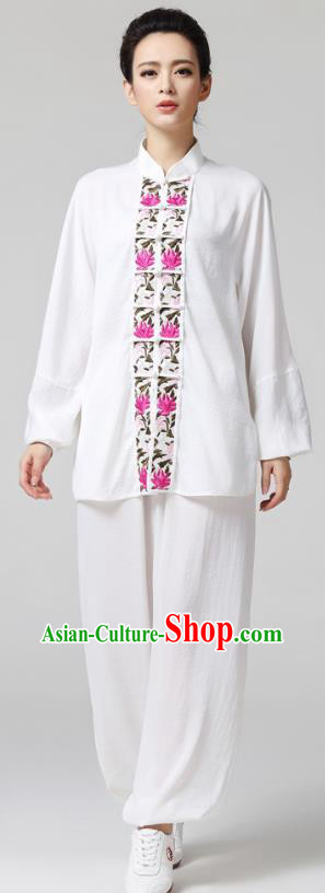 China Traditional Martial Arts White Flax Clothing Female Tai Chi Competition Embroidered Uniforms