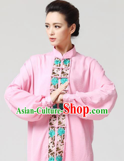China Tai Chi Competition Pink Flax Uniforms Traditional Martial Arts Embroidered Clothing