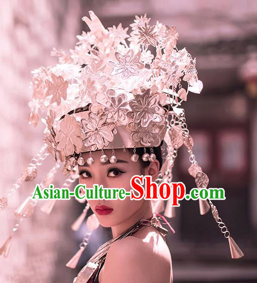China Traditional Miao Nationality Wedding Silver Bells Hat Hmong Bride Phoenix Coronet Headwear