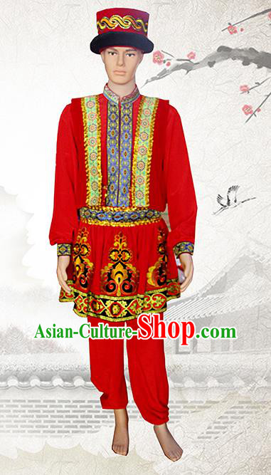 China Tajik Nationality Wedding Costumes Xinjiang Tayikos Ethnic Minority Male Red Outfits Clothing and Hat