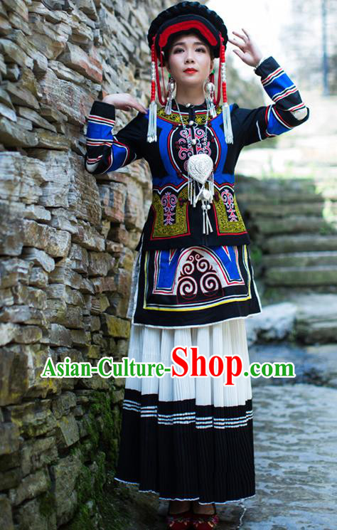 Chinese Ethnic Torch Festival Stage Performance Outfits Costumes Yi Nationality Folk Dance Dress Clothing and Hat