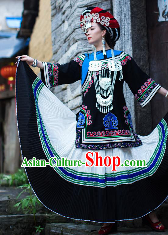Chinese Ethnic Folk Dance Outfits Costumes Yi Nationality Wedding Bride Dress Clothing and Headdress