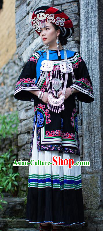 Chinese Ethnic Folk Dance Outfits Costumes Yi Nationality Wedding Bride Dress Clothing and Headdress