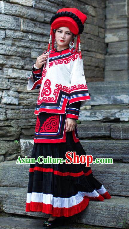 Chinese Ethnic Wedding Outfits Costumes Yi Nationality Folk Dance Dress Clothing and Red Beads Tassel Hat