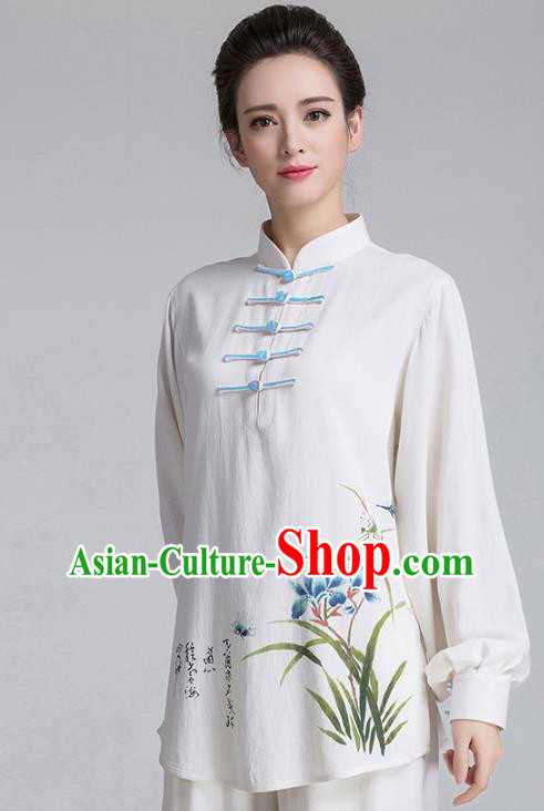 China Hand Painting Orchids White Flax Uniforms Traditional Martial Arts Tai Chi Clothing