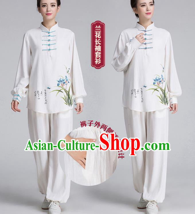 China Hand Painting Orchids White Flax Uniforms Traditional Martial Arts Tai Chi Clothing