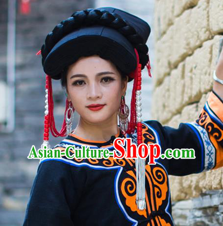 China Liangshan Ethnic Minority Black Tile Headwear Traditional Yi Nationality Tassel Hat for Women