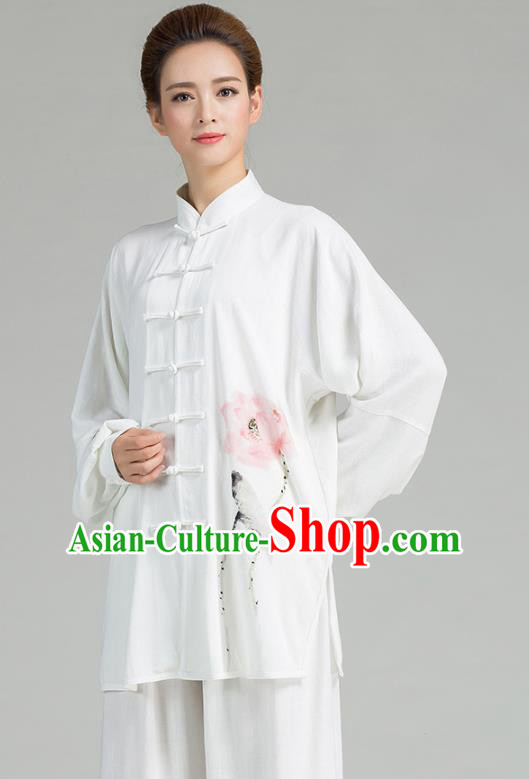 China Traditional Martial Arts Tai Chi Clothing Hand Painting Lotus White Flax Uniforms