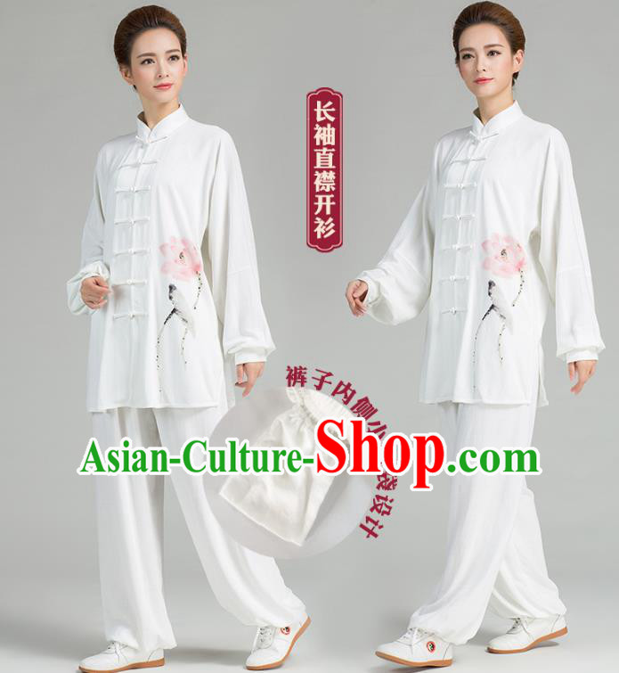 China Traditional Martial Arts Tai Chi Clothing Hand Painting Lotus White Flax Uniforms