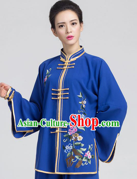 China Traditional Kung Fu Embroidered Royalblue Outfits Tai Chi Training Costumes