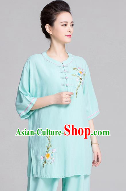 China Women Tai Chi Clothing Kung Fu Printing Flowers Light Green Uniforms Traditional Martial Arts Costume