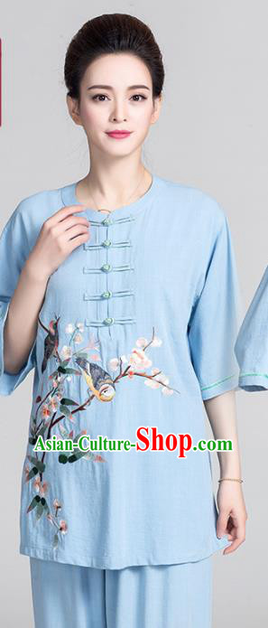 China Traditional Tai Chi Costume Women Martial Arts Clothing Kung Fu Printing Flowers Bird Blue Uniforms