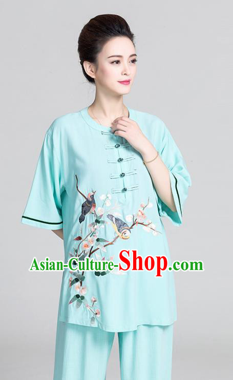 China Women Summer Martial Arts Clothing Tai Chi Kung Fu Printing Flowers Bird Green Uniforms