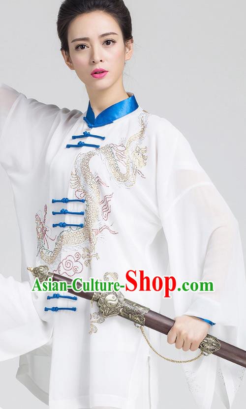 China Tai Chi Kung Fu White Three Pieces Uniforms Martial Arts Competition Clothing