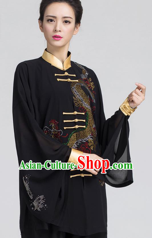 China Tai Chi Black Three Pieces Uniforms Martial Arts Competition Clothing Kung Fu Costumes