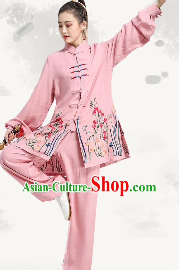 China Martial Arts Competition Pink Uniforms Tai Chi Performance Clothing Kung Fu Embroidered Costumes