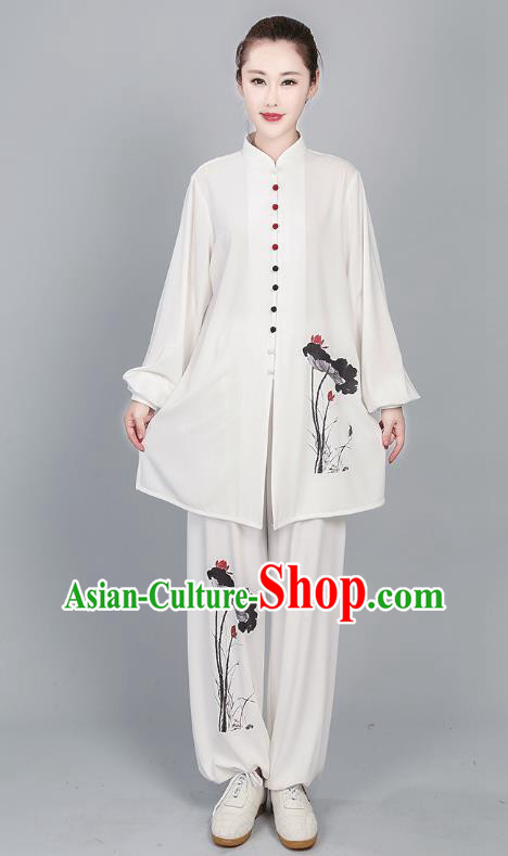 China Tai Chi Training Clothing Kung Fu White Flax Costumes Martial Arts Ink Painting Lotus Uniforms