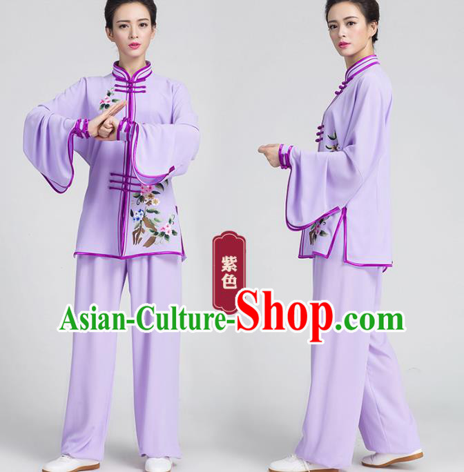China Women Tai Chi Training Costumes Traditional Kung Fu Embroidered Violet Outfits