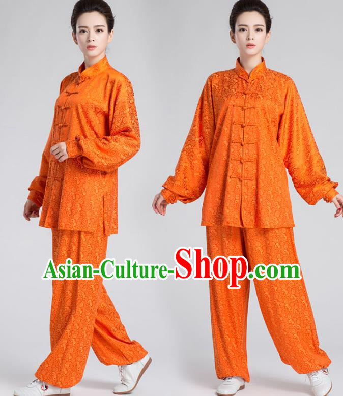 China Women Kung Fu Costumes Traditional Tai Chi Performance Orange Silk Uniforms