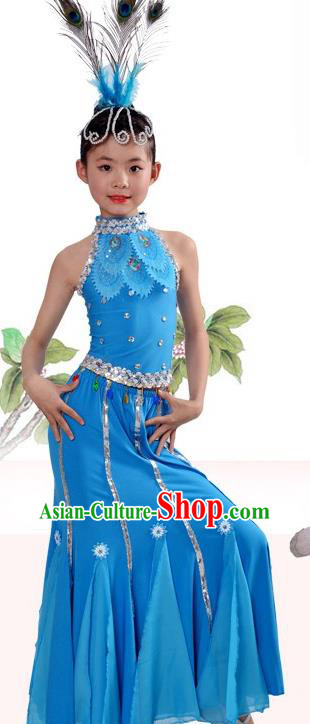 Top Stage Performance Clothing China Children Day Dance Blue Dress Dai Nationality Minority Costume