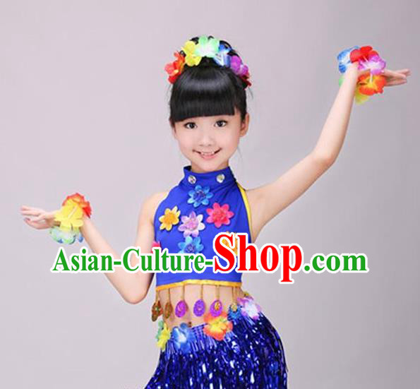 Top Hawaiian Dance Dress Modern Dance Stage Performance Clothing Children Day Dance Royalblue Outfits