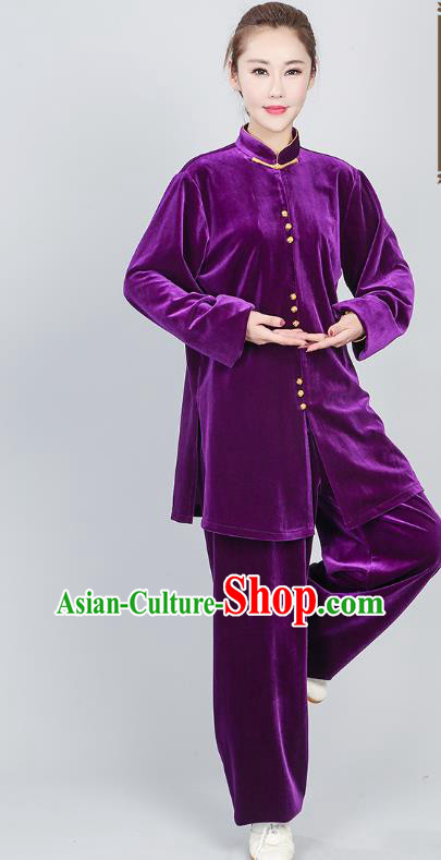 China Kung Fu Training Clothing Tai Chi Performance Costumes Martial Arts Purple Pleuche Uniforms