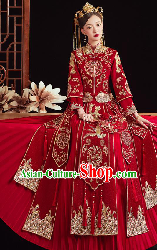 Chinese Traditional Wedding Clothing Bride Embroidered Costumes Classical Xiuhe Suit Red Outfits