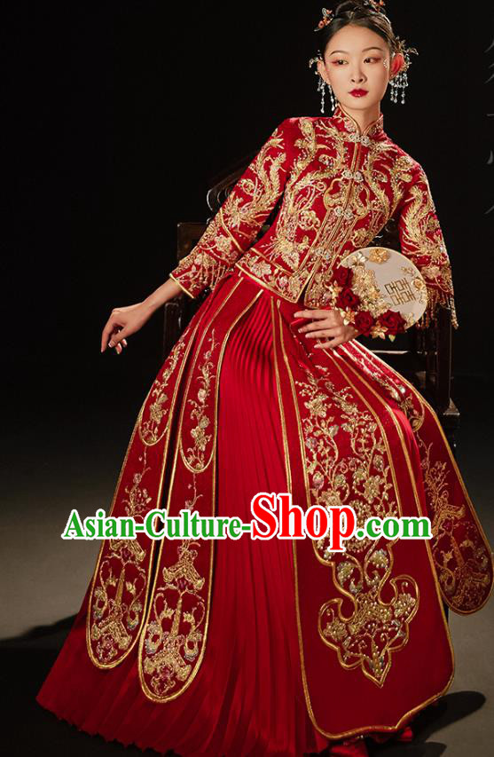 Chinese Classical Xiuhe Suit Drilling Outfits Traditional Wedding Toast Clothing Bride Embroidered Costumes