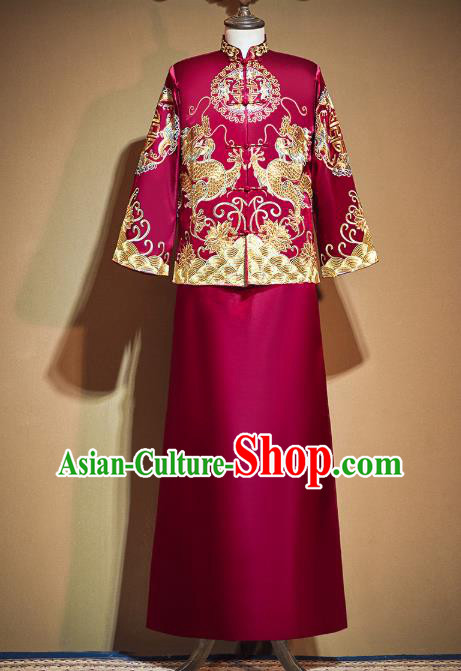 China Classical Bridegroom Costumes Embroidered Red Mandarin Jacket and Long Gown Outfits