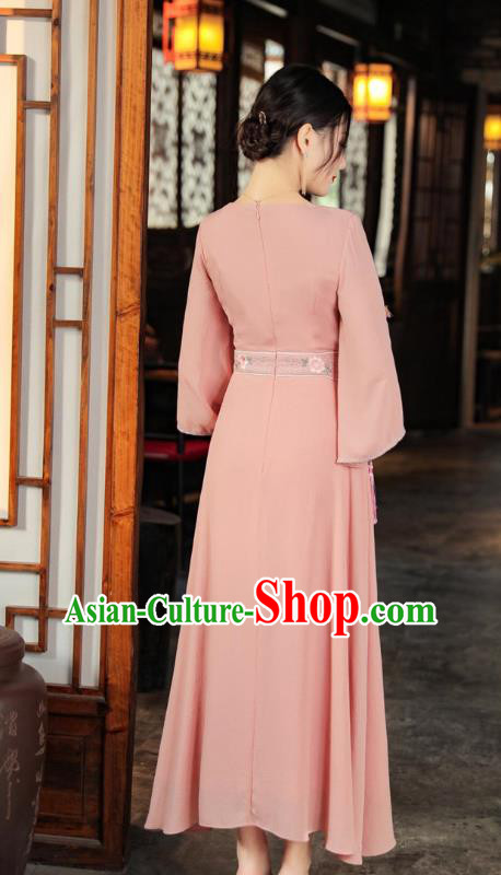 Chinese Traditional Qipao Dress National Embroidered Pink Dress Clothing