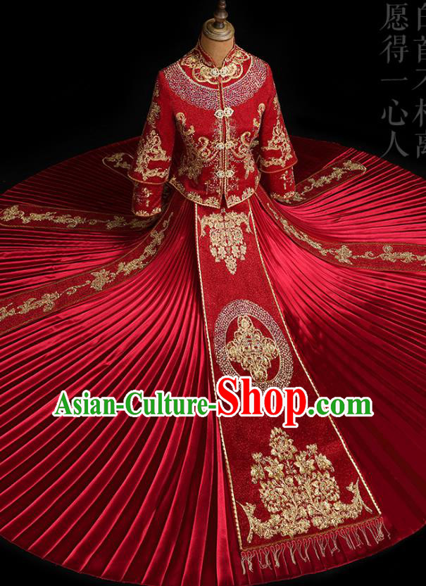 Chinese Classical Bride Embroidered Costumes Xiuhe Suit Drilling Outfits Traditional Wedding Toast Clothing