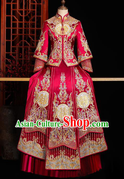 Chinese Traditional Xiuhe Suit Drilling Red Outfits Wedding Embroidered Clothing Classical Bride Toast Costumes