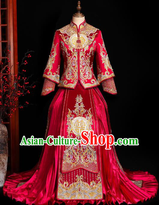 Chinese Traditional Xiuhe Suit Drilling Red Outfits Wedding Embroidered Clothing Classical Bride Toast Costumes