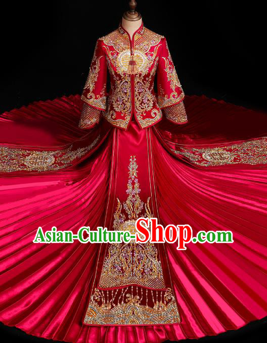 Chinese Traditional Xiuhe Suit Drilling Red Outfits Wedding Embroidered Clothing Classical Bride Toast Costumes