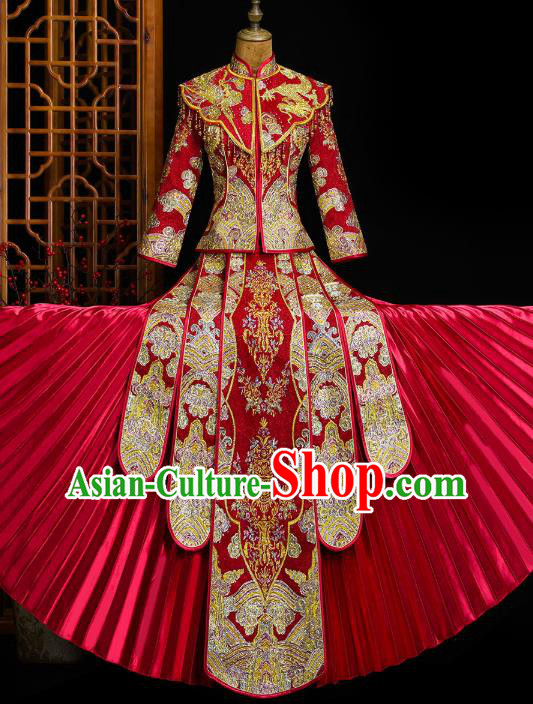 Chinese Classical Bride Toast Costumes Traditional Xiuhe Suit Drilling Red Outfits Wedding Embroidered Clothing