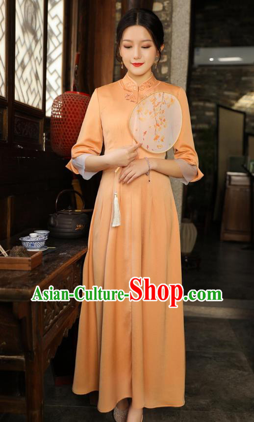 Chinese Traditional Embroidered Orange Cheongsam National Women Zen Clothing Qipao Dress