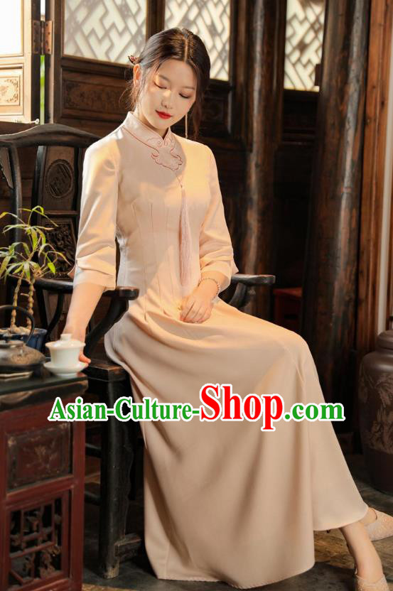 Chinese Apricot Qipao Dress Traditional Embroidered Cheongsam National Women Zen Clothing