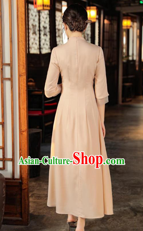 Chinese Apricot Qipao Dress Traditional Embroidered Cheongsam National Women Zen Clothing