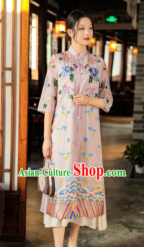 China Woman Embroidered Pink Dust Coat Traditional Tang Suit Outer Garment