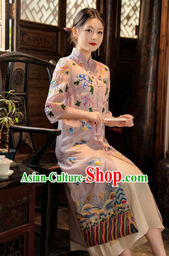 China Woman Embroidered Pink Dust Coat Traditional Tang Suit Outer Garment
