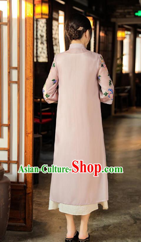 China Woman Embroidered Pink Dust Coat Traditional Tang Suit Outer Garment