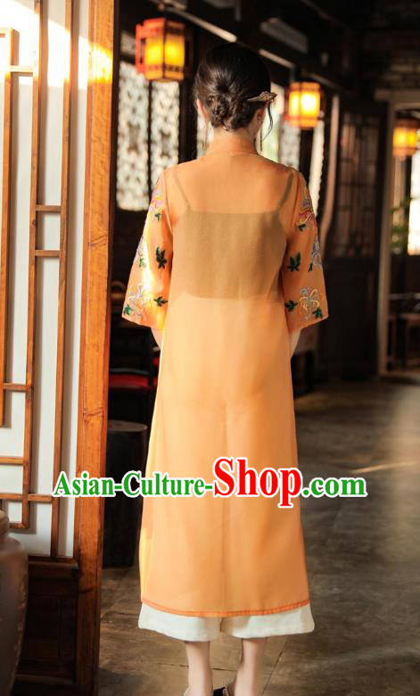 China Traditional Tang Suit Outer Garment Woman Embroidered Orange Dust Coat