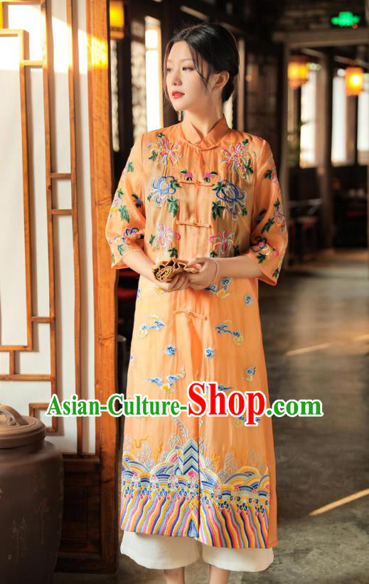 China Traditional Tang Suit Outer Garment Woman Embroidered Orange Dust Coat