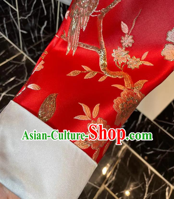 China Traditional Tang Suit Overcoat Woman Embroidered Red Brocade Jacket