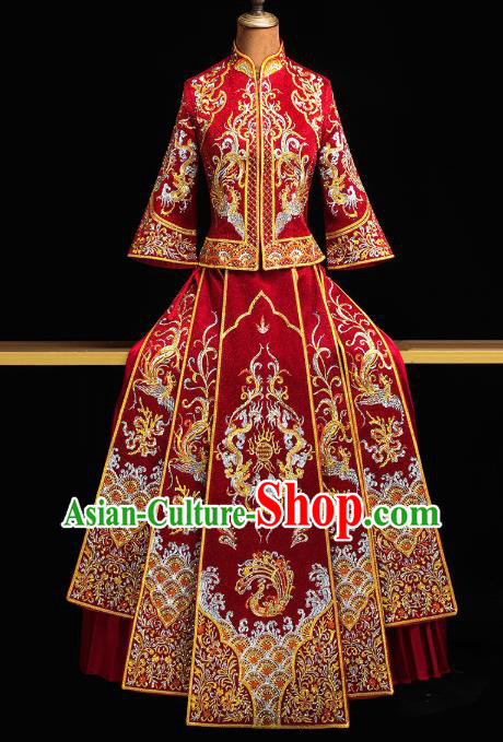 Chinese Wedding Diamante Dragon Phoenix Outfits Clothing Bride Toast Embroidered Costumes Traditional Red Xiuhe Suit