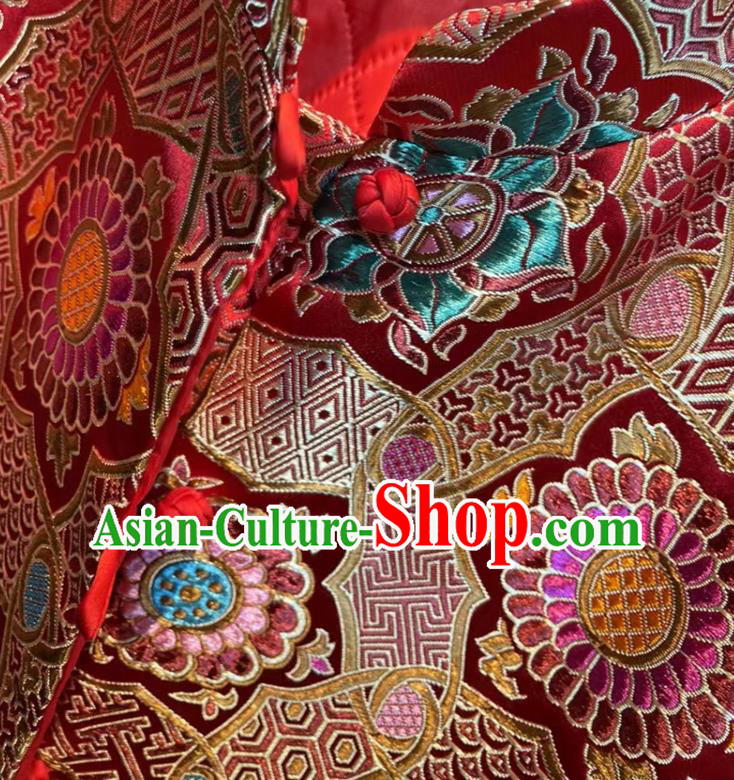 China Woman New Year Red Brocade Jacket Traditional Tang Suit Overcoat