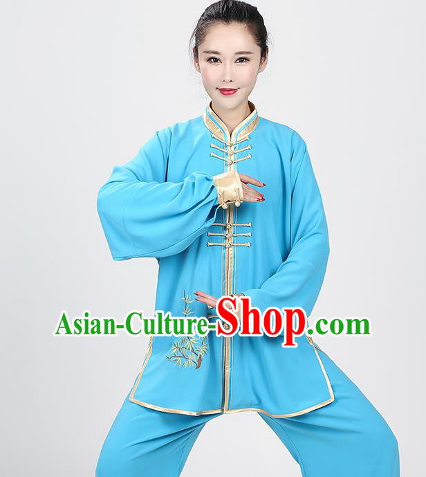 China Female Kung Fu Training Clothing Traditional Martial Arts Competition Embroidered Bamboo Blue Uniforms
