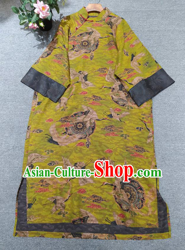 Chinese Traditional Printing Cranes Green Silk Cheongsam National Women Clothing Classical Qipao Dress