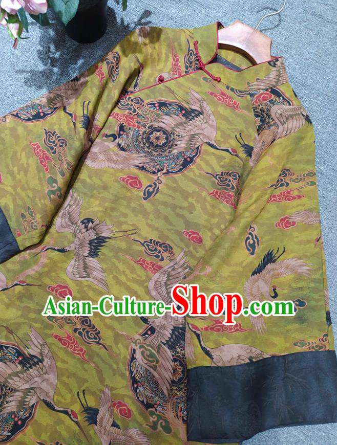 Chinese Traditional Printing Cranes Green Silk Cheongsam National Women Clothing Classical Qipao Dress